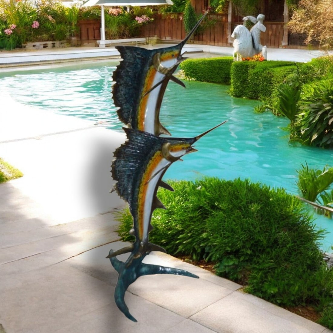 Two - large Sailfish fish Bronze Statue - Size: 30"L x 43"W x 79"H. - 3