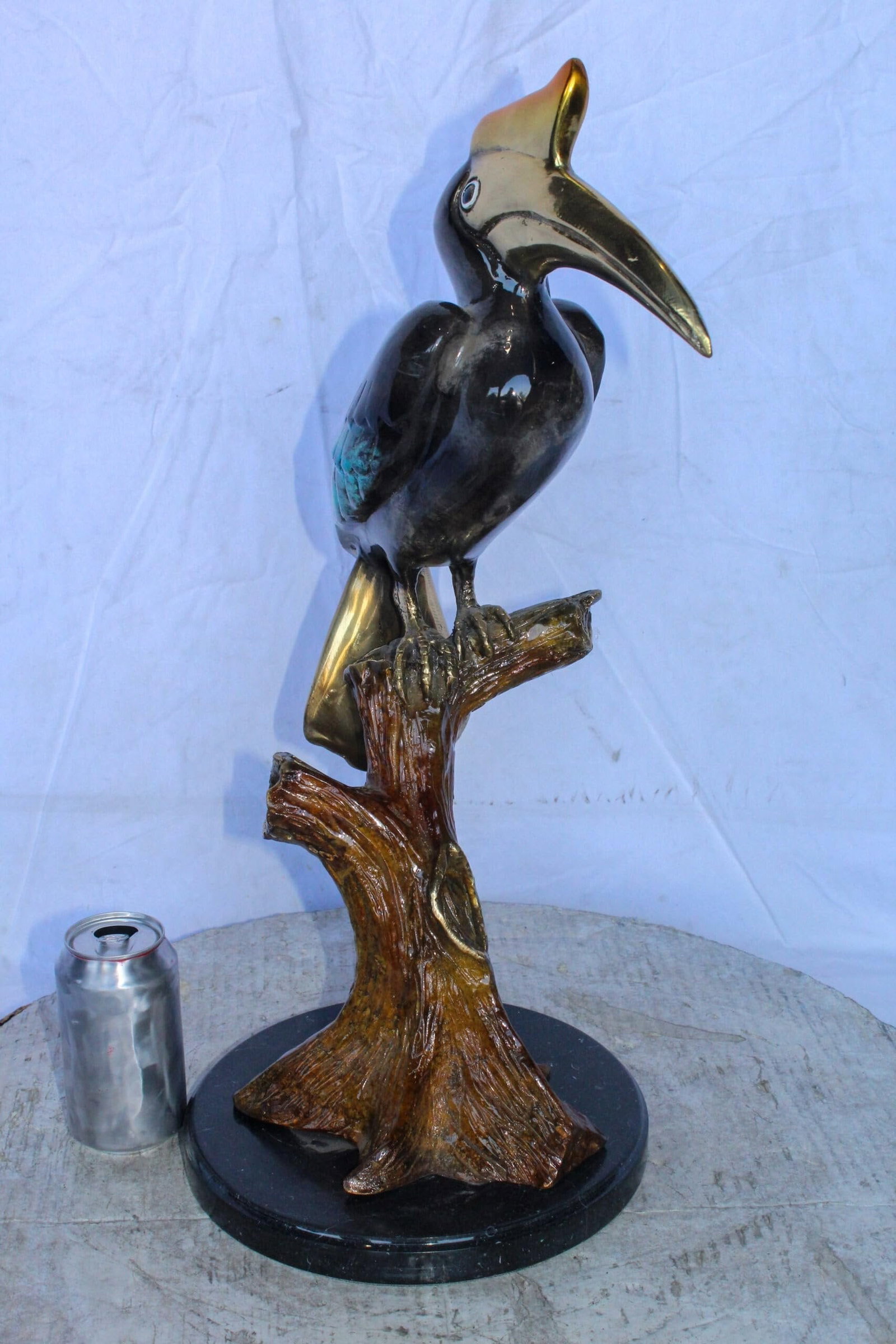 Hornbill Bird on Tree Branch, Colored Bronze Statue 10" x 10" x 22"H - 10