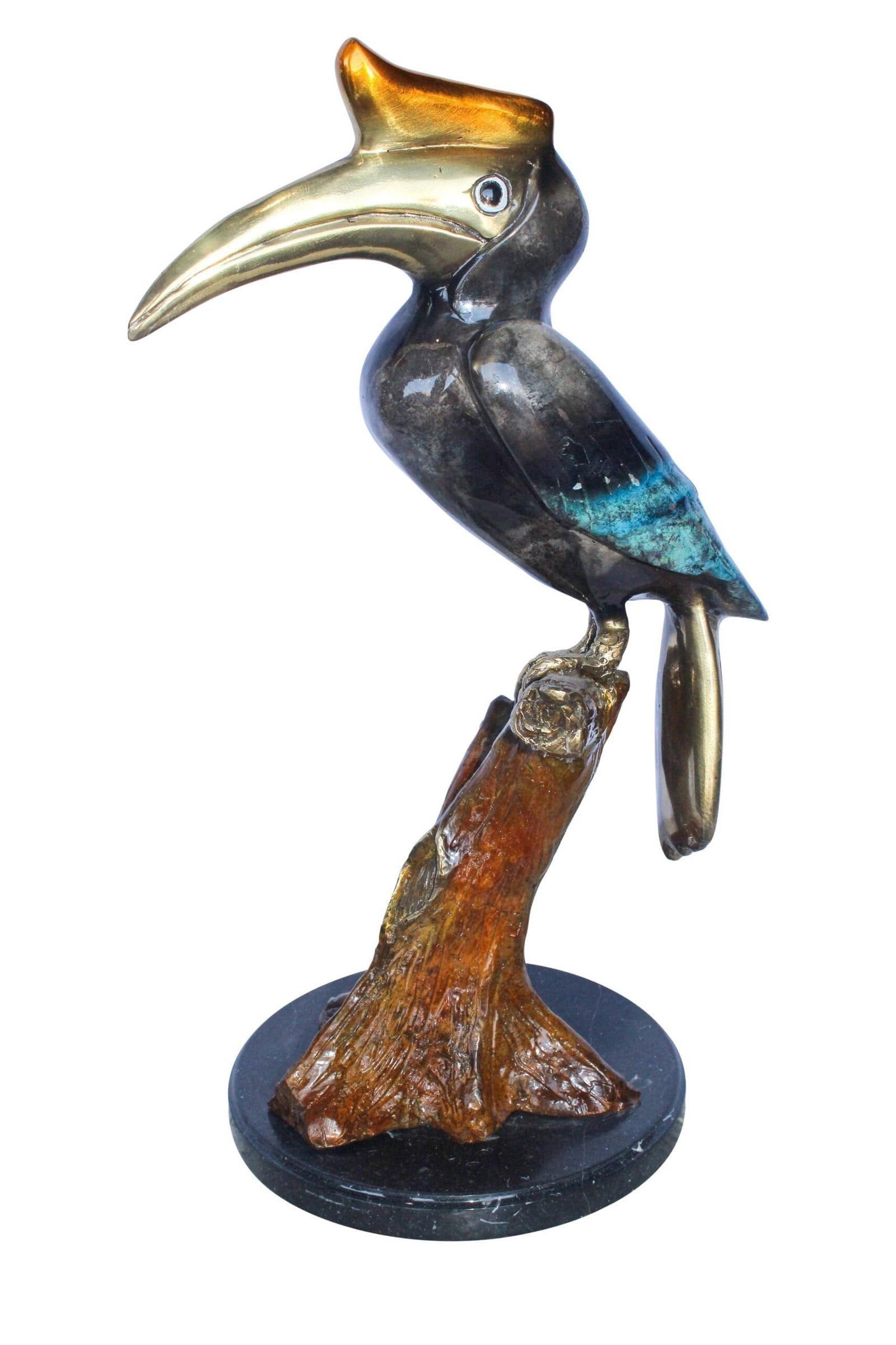 Hornbill Bird on Tree Branch, Colored Bronze Statue 10" x 10" x 22"H: Title:Hornbill Bird on Tree Branch, Colored Bronze Statue 10" x 10" x 22"H Description:Enhance your space with this beautiful colored bronze statue of a hornbill bird on a tree branch. Handcrafted