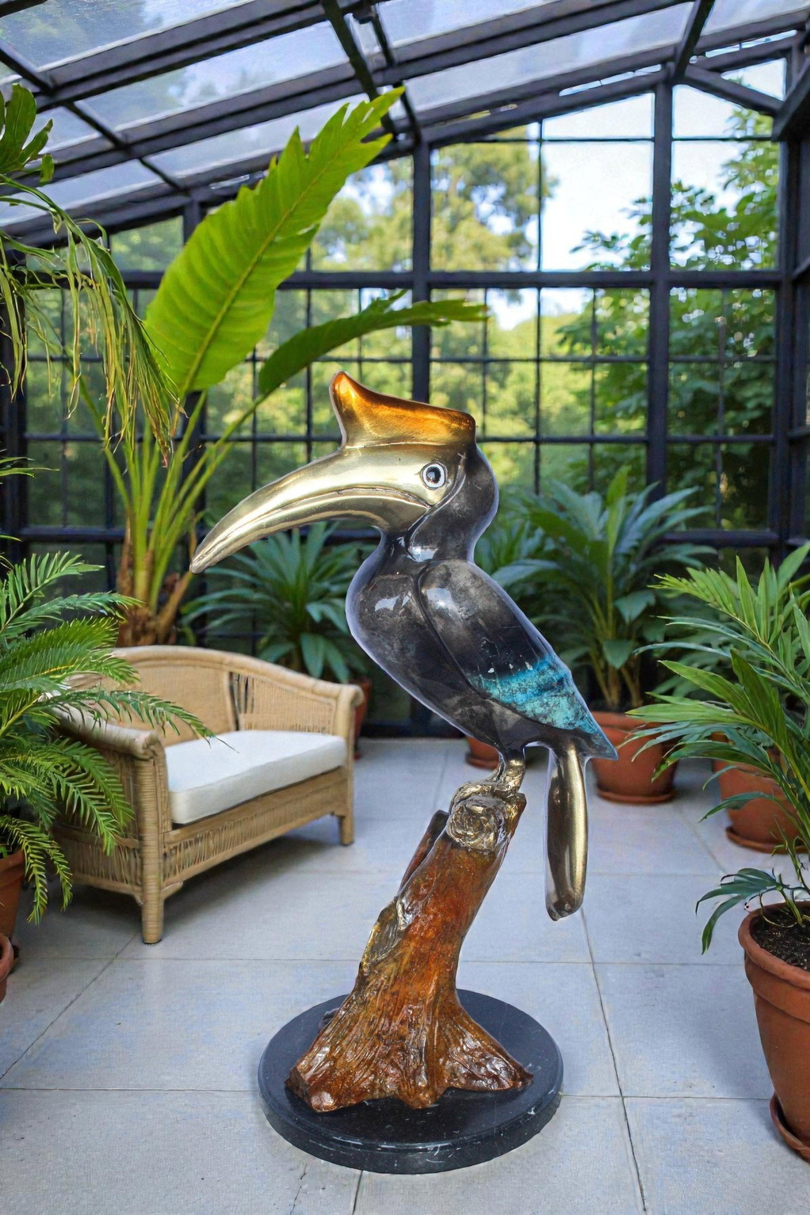 Hornbill Bird on Tree Branch, Colored Bronze Statue 10" x 10" x 22"H - 2