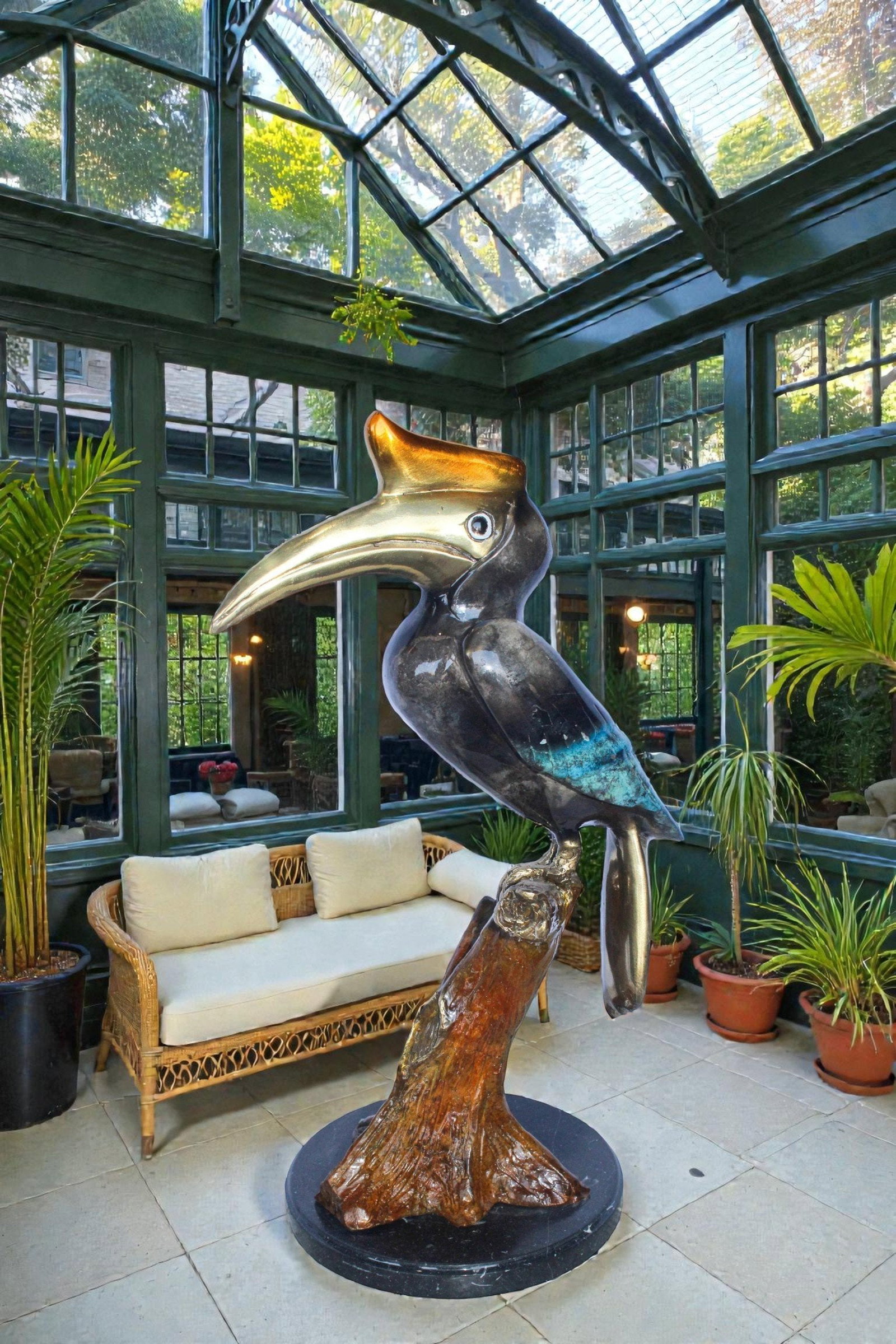 Hornbill Bird on Tree Branch, Colored Bronze Statue 10" x 10" x 22"H - 3