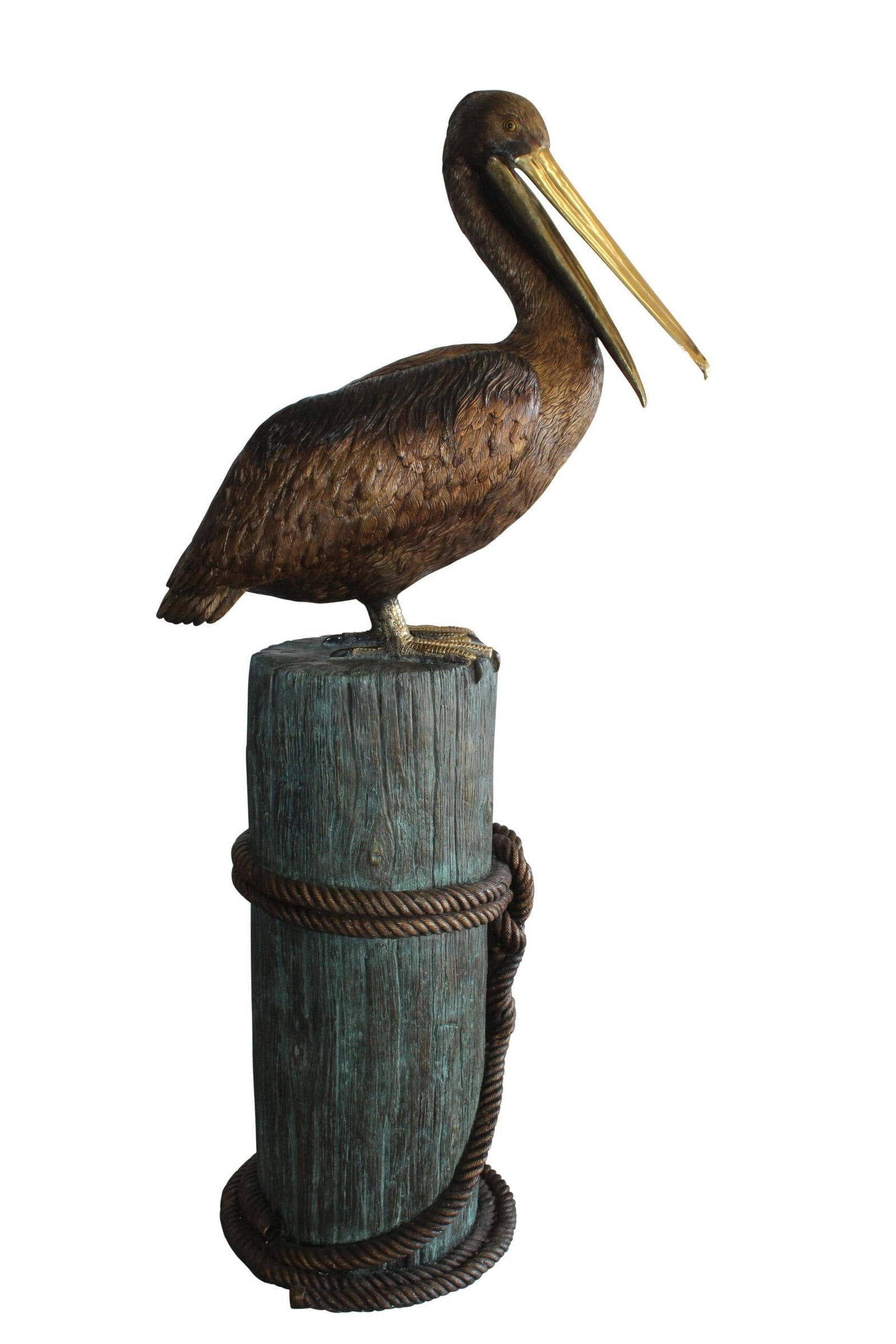 Lifesize Bronze Pelican Fountain Mounted on a Tree Stamp 33" x 23" x 73"H: Title:Lifesize Bronze Pelican Fountain Mounted on a Tree Stamp 33" x 23" x 73"H Description:Experience coastal beauty with our lifelike Bronze Pelican Fountain. Meticulously crafted, it captures