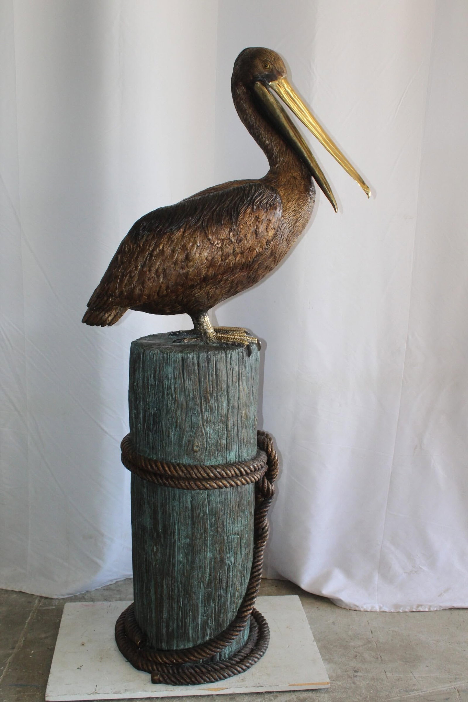 Lifesize Bronze Pelican Fountain Mounted on a Tree Stamp 33" x 23" x 73"H - 4