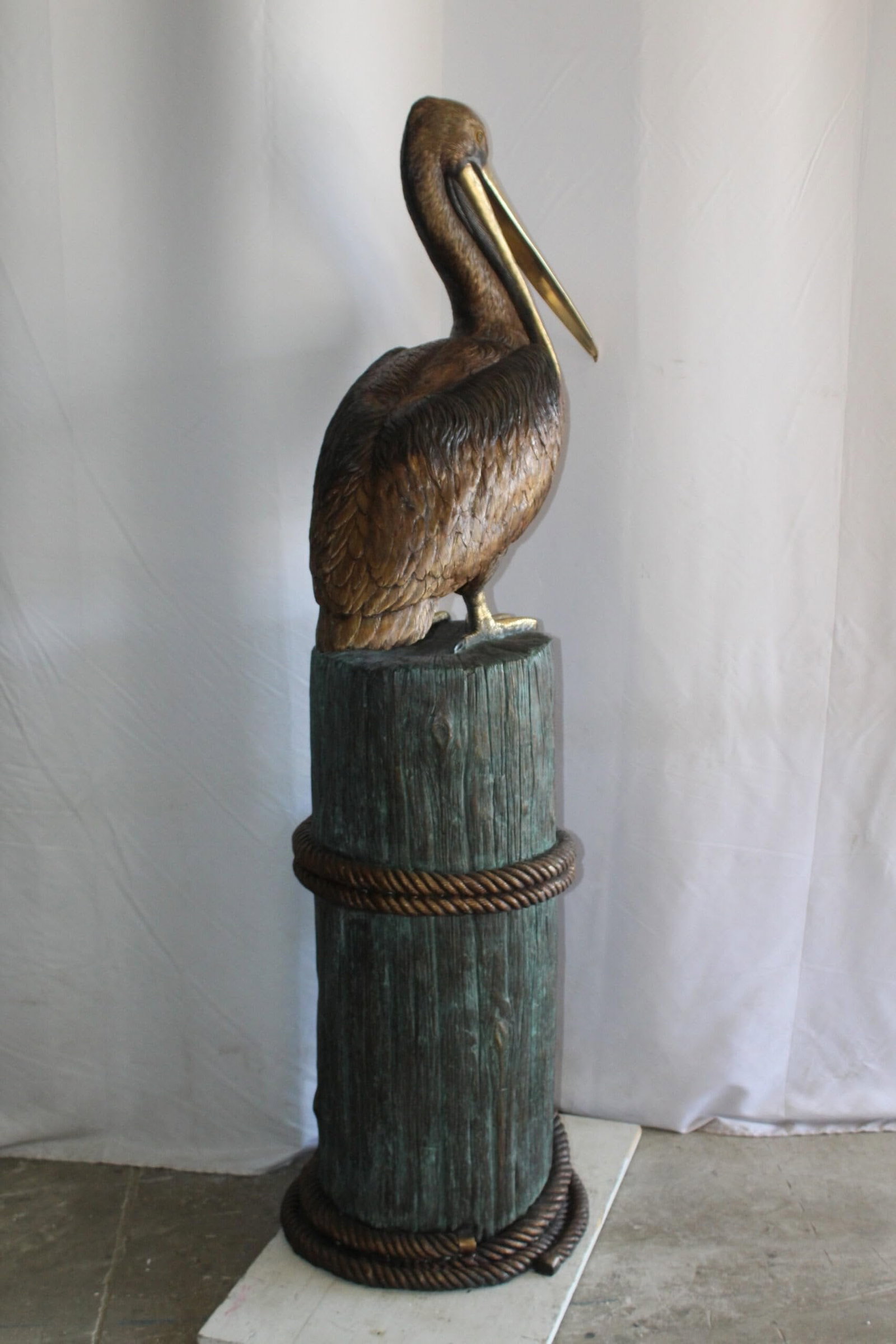 Lifesize Bronze Pelican Fountain Mounted on a Tree Stamp 33" x 23" x 73"H - 6
