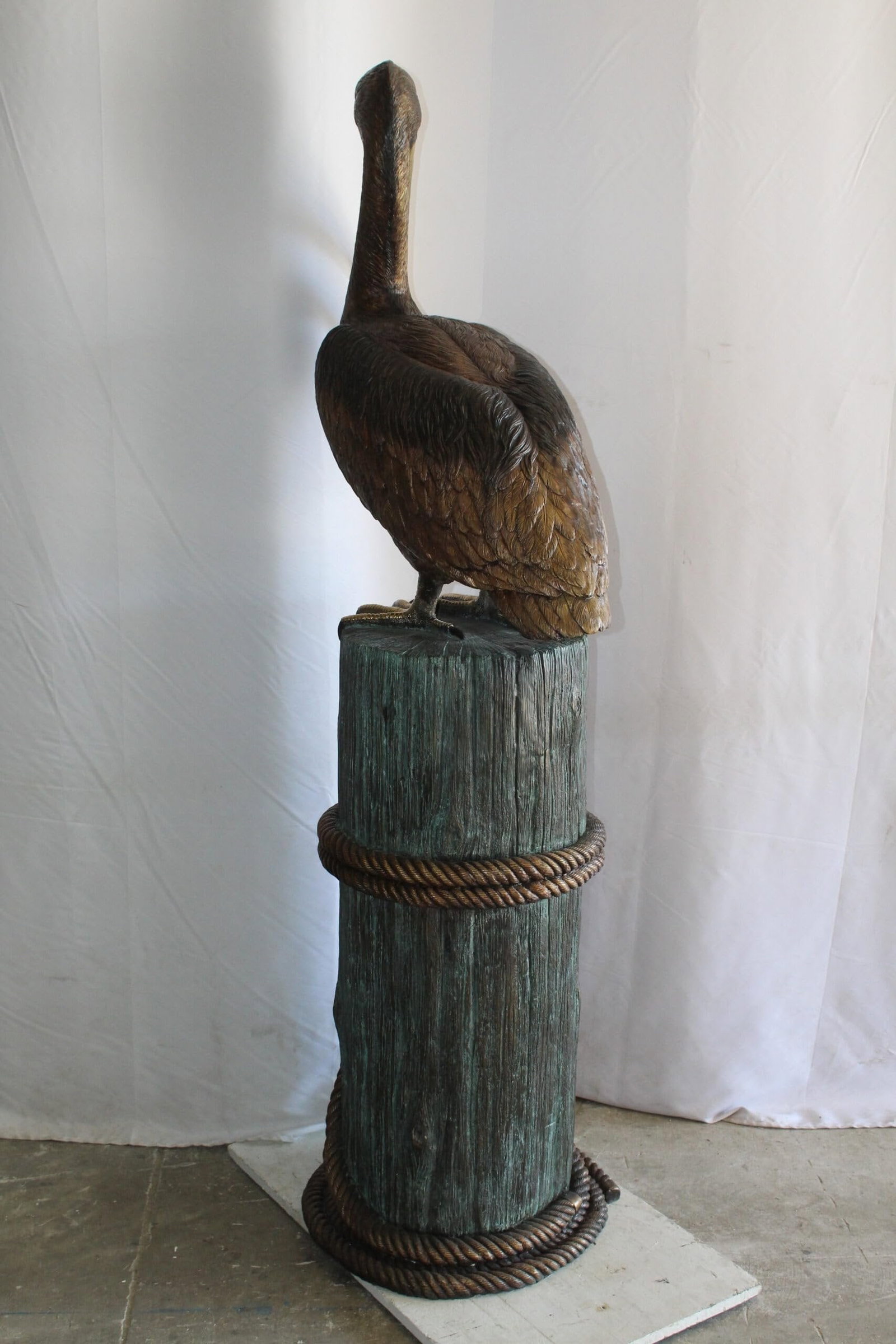 Lifesize Bronze Pelican Fountain Mounted on a Tree Stamp 33" x 23" x 73"H - 7