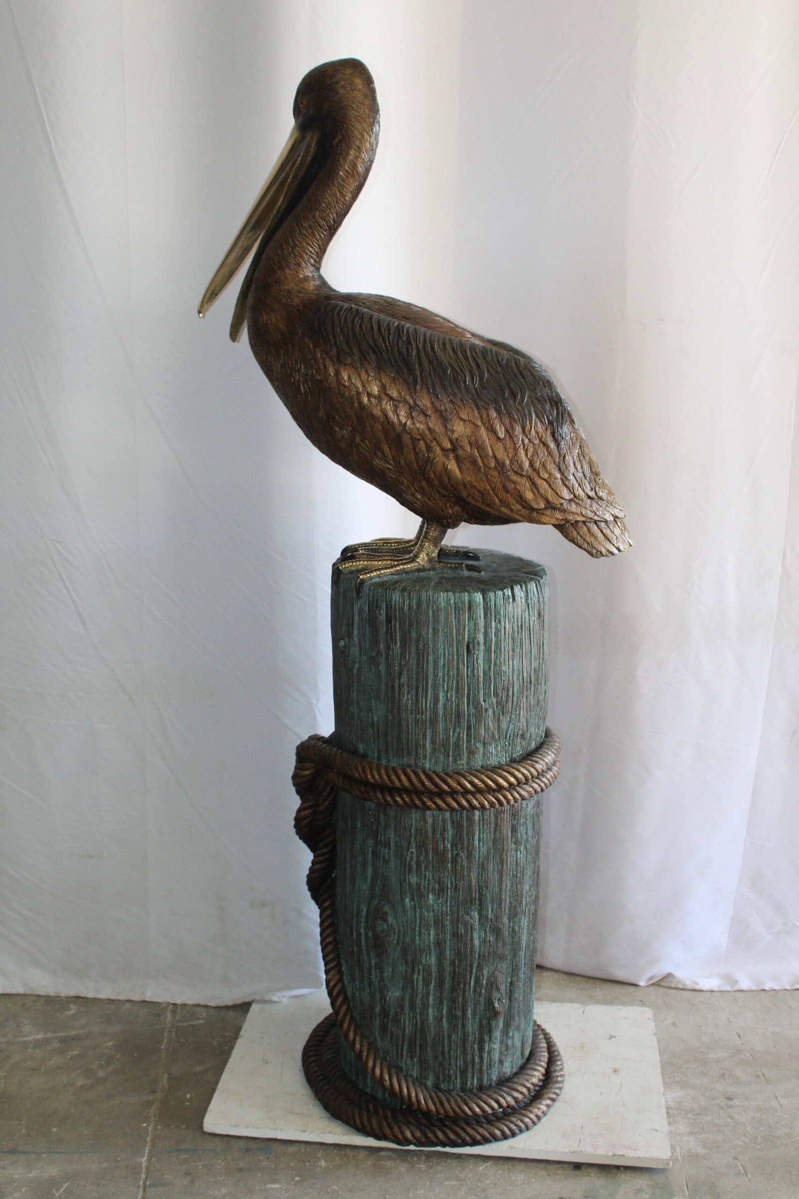 Lifesize Bronze Pelican Fountain Mounted on a Tree Stamp 33" x 23" x 73"H - 8