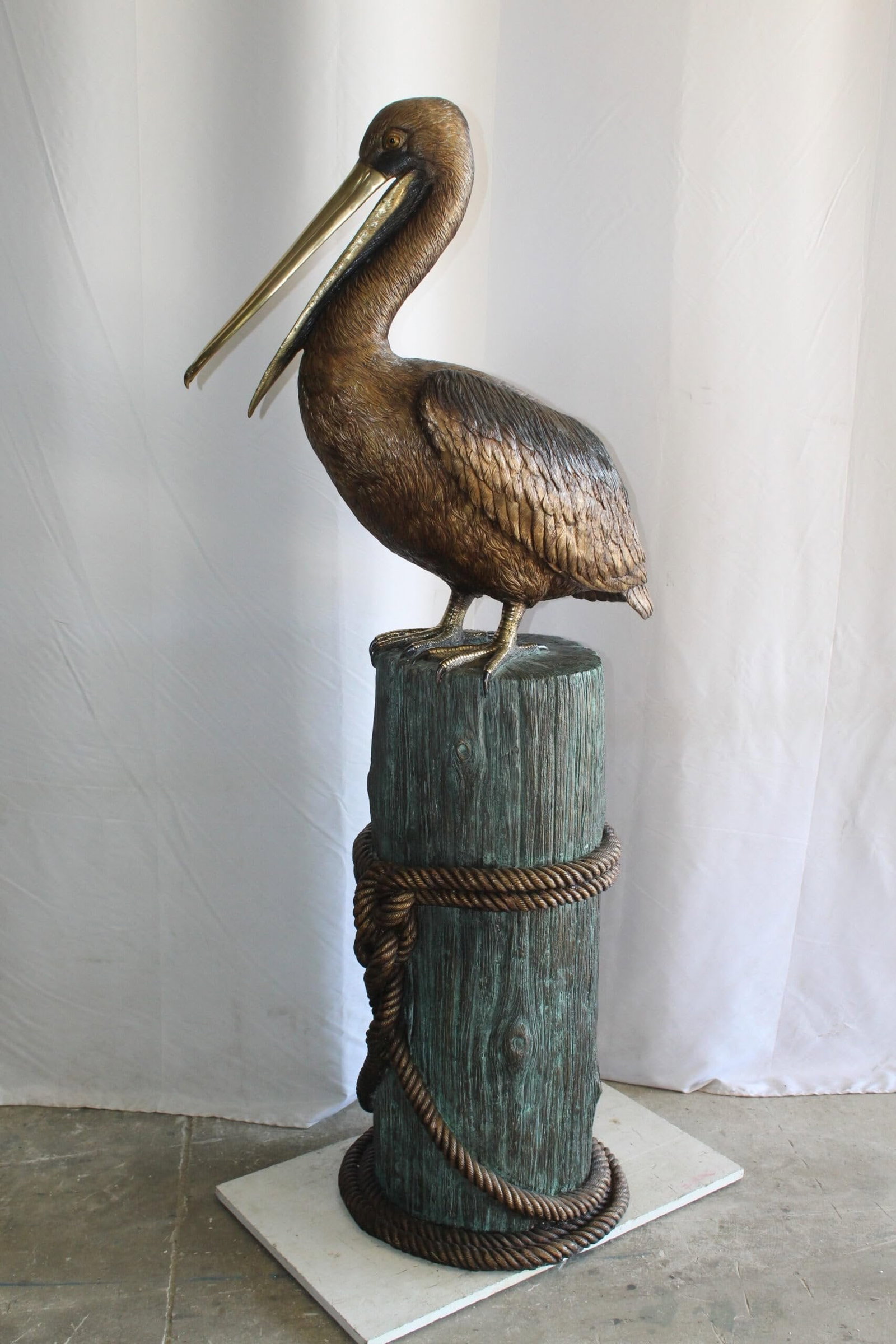 Lifesize Bronze Pelican Fountain Mounted on a Tree Stamp 33" x 23" x 73"H - 9