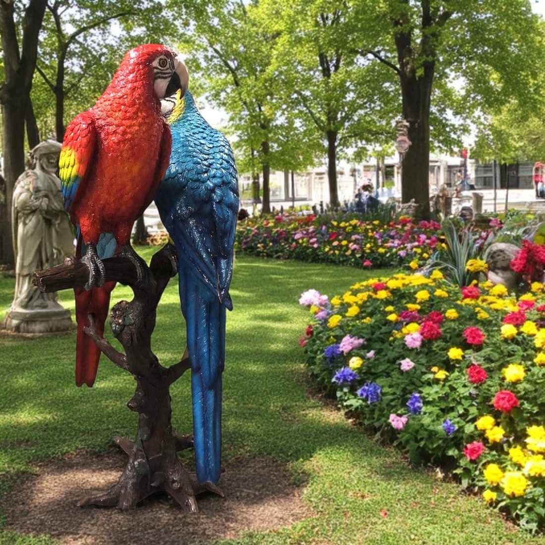 Pair of Parrots on a tree - Bronze Statue - Size: 43"L x 28"W x 67"H. - 2