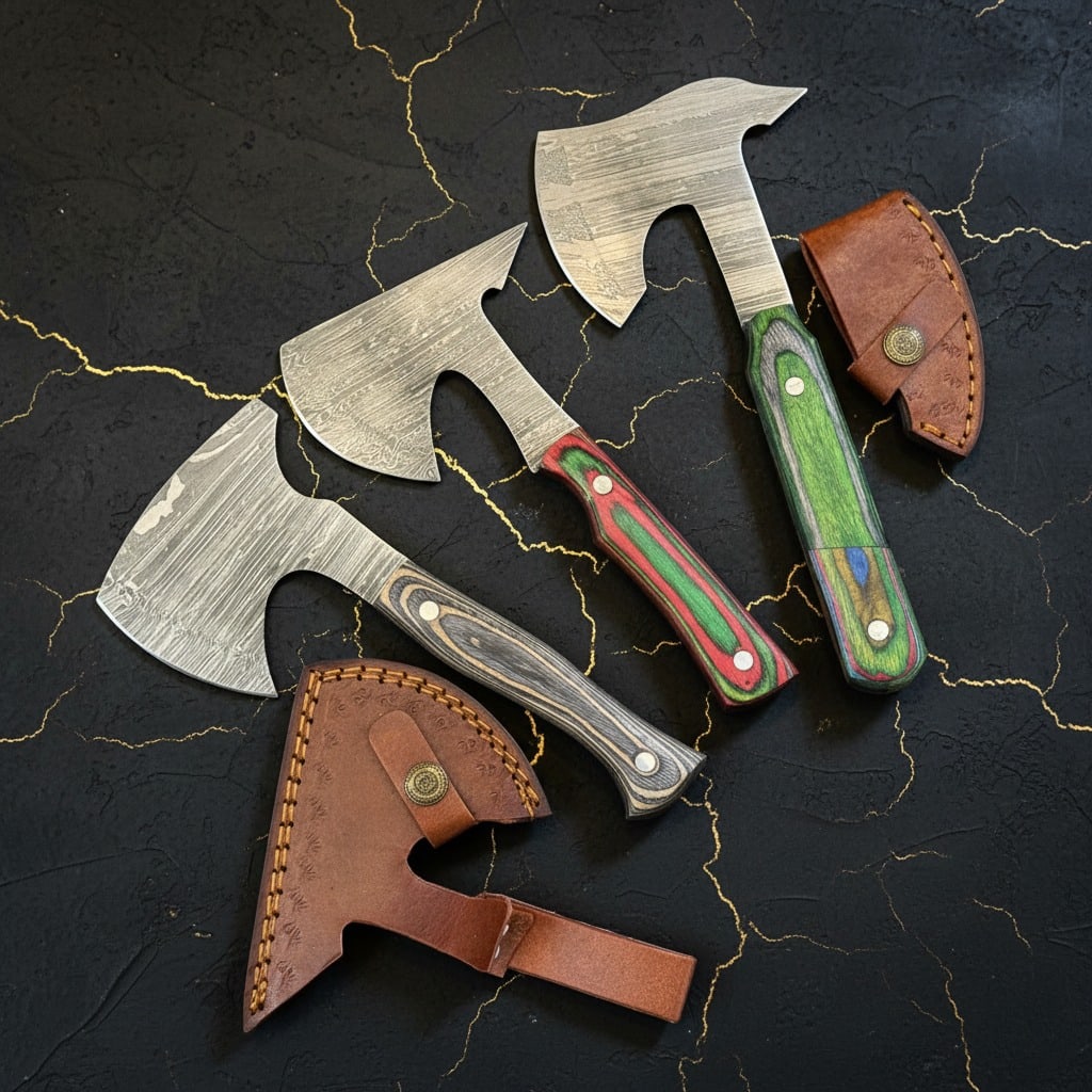 3 Handmade Damascus Steel Hatchets Wood Resin Handle Camping Axe Set (1 of 5)