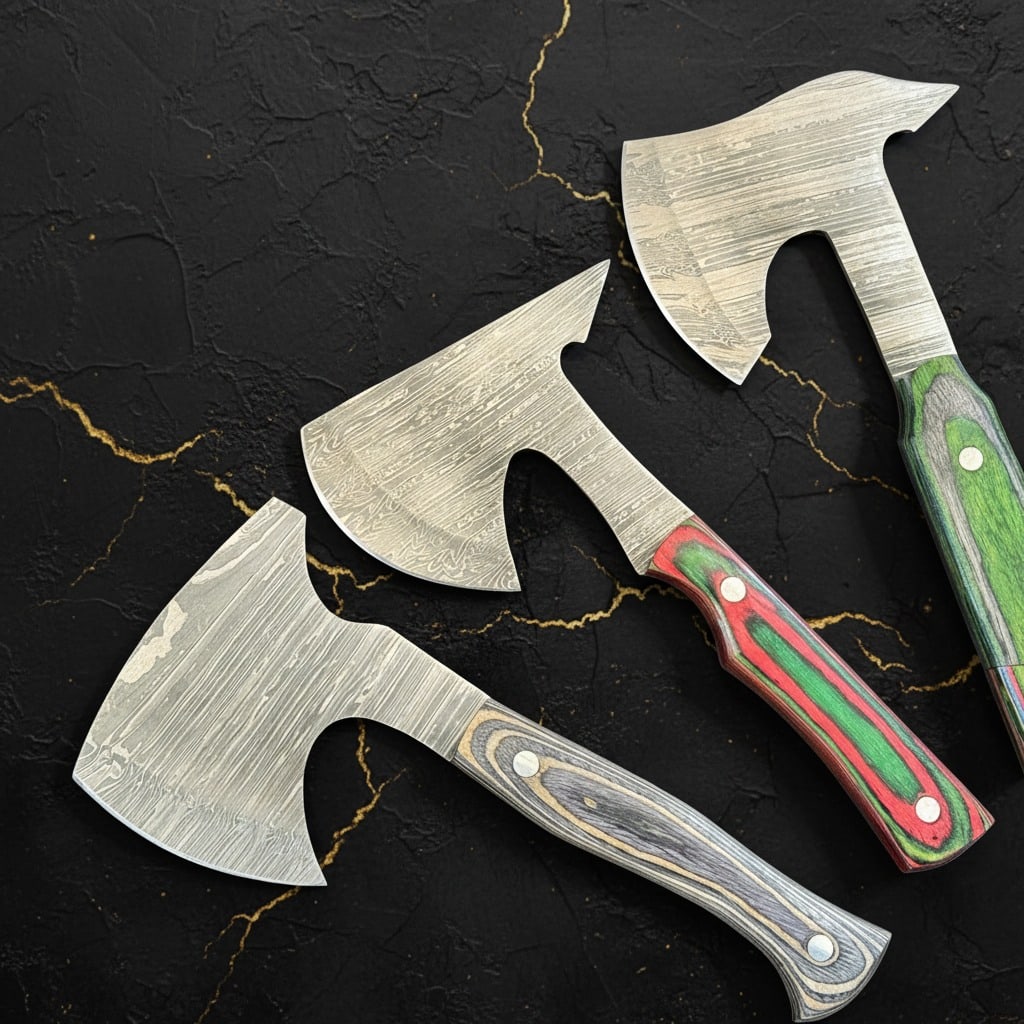 3 Handmade Damascus Steel Hatchets Wood Resin Handle Camping Axe Set - 2