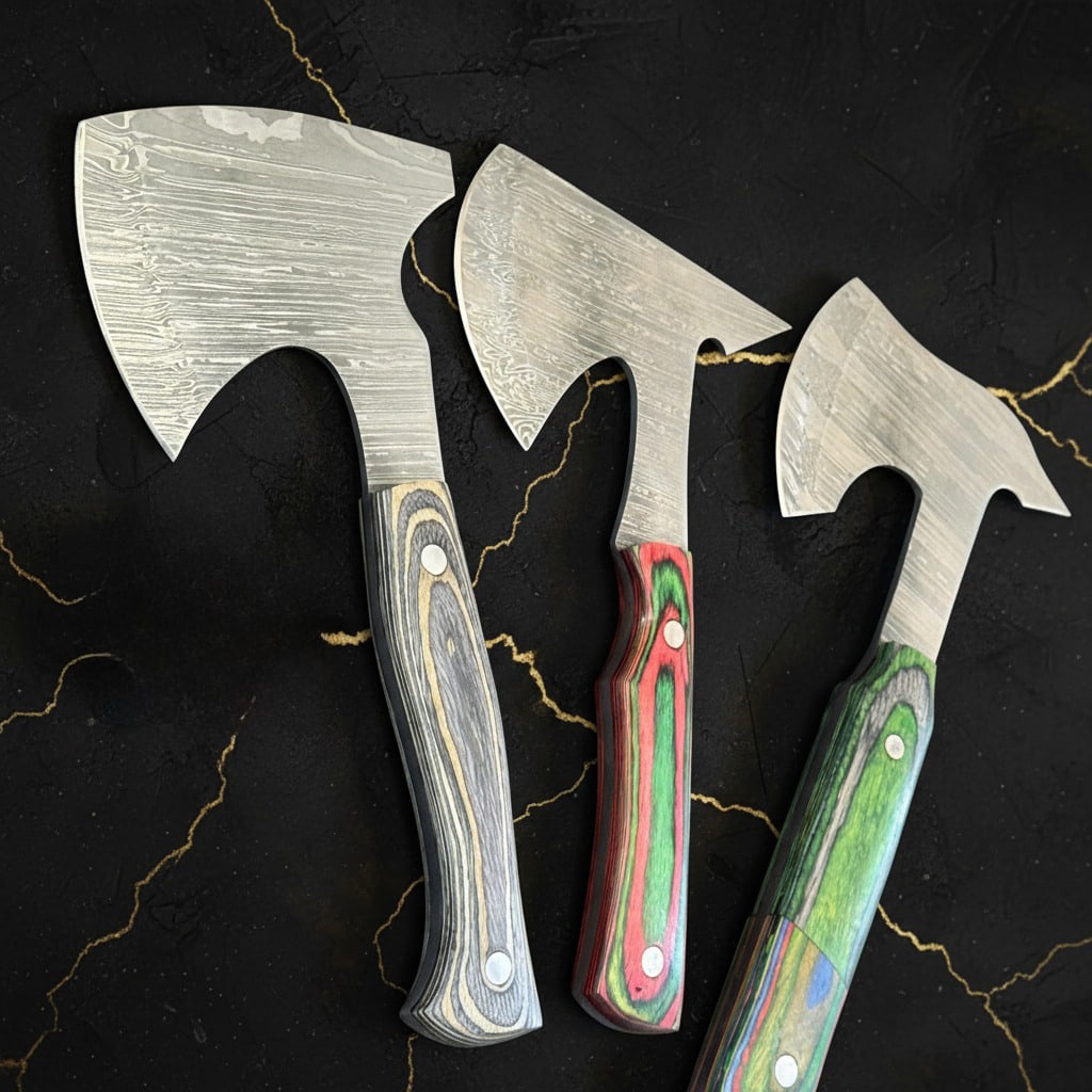 3 Handmade Damascus Steel Hatchets Wood Resin Handle Camping Axe Set - 3
