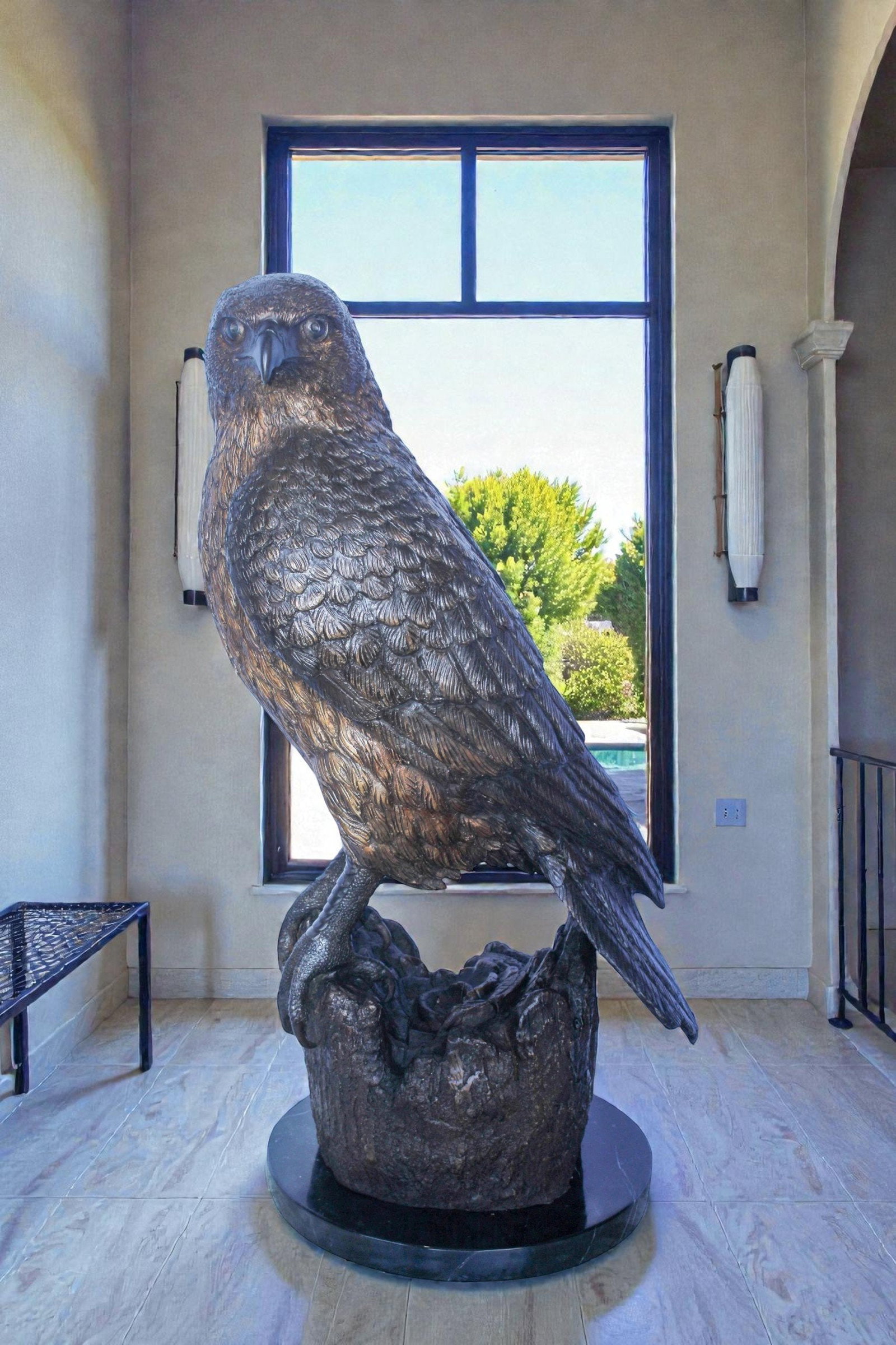 Hawk Bronze Statue Standing on Tree Stump with Marble Base 12" x 15" x 29"H - 2