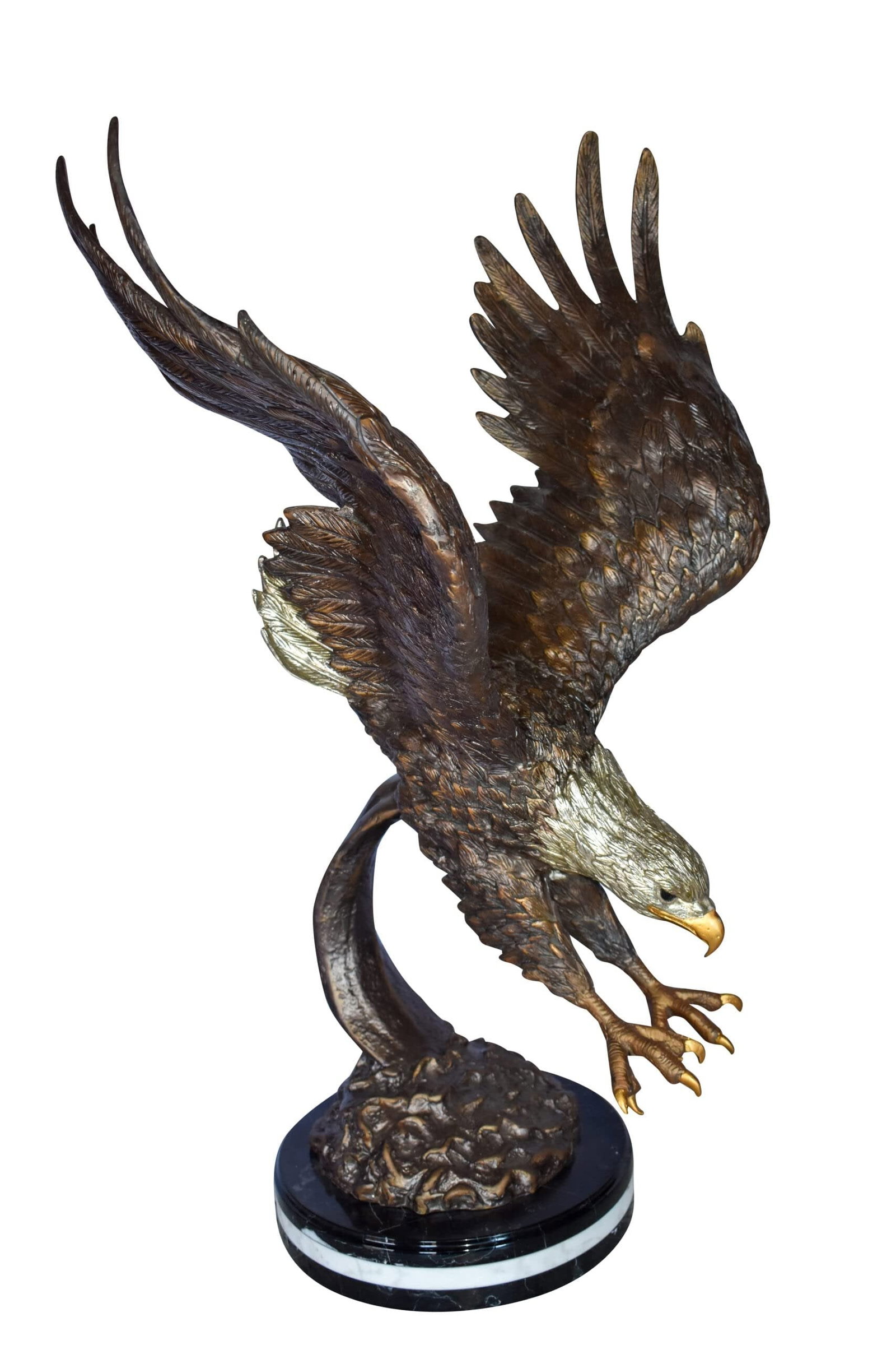 Eagle In Action Diving for His Prey Bronze Statue Size: 21" x 13" x 32"H: Title:Eagle In Action Diving for His Prey Bronze Statue Size: 21" x 13" x 32"H Description:This charming bronze statue depicts the American bald eagle. The eagle head captures the essence of the majes