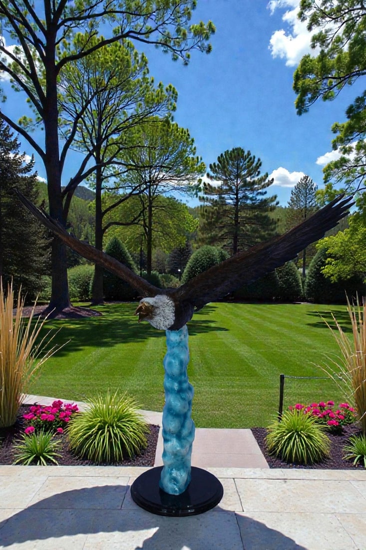 Colored soaring eagle bronze statue - Size: 32"L x 18"W x 29"H. - 4