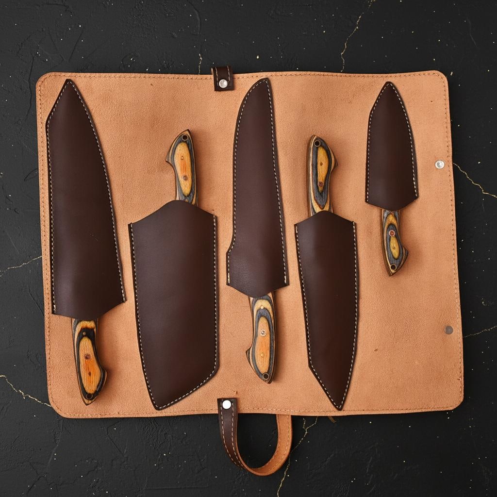 Hand Forged Damascus Steel 5-Piece Chef Knife Set with Wood Handles & Leather Roll - 6