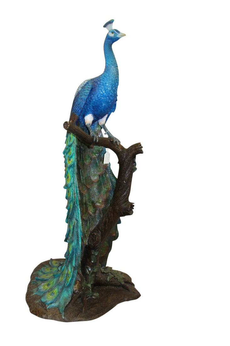 Peacock on Tree Bronze Statue - Size: 31"L x 30"W x 64"H.: Title:Peacock on Tree Bronze Statue - Size: 31"L x 30"W x 64"H. Description:A cold painted bronze sculpture of a beautiful standing Colorful Peacock with its marvelous feathers standing on a tree log.