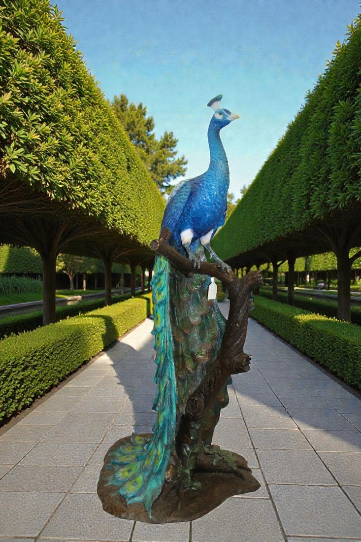 Peacock on Tree Bronze Statue - Size: 31"L x 30"W x 64"H. - 2
