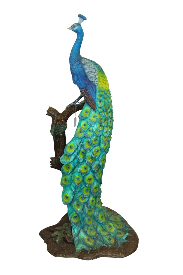 Peacock on Tree Bronze Statue - Size: 31"L x 30"W x 64"H. - 3