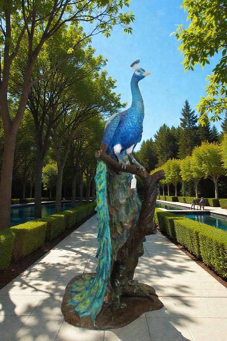 Peacock on Tree Bronze Statue - Size: 31"L x 30"W x 64"H. - 4