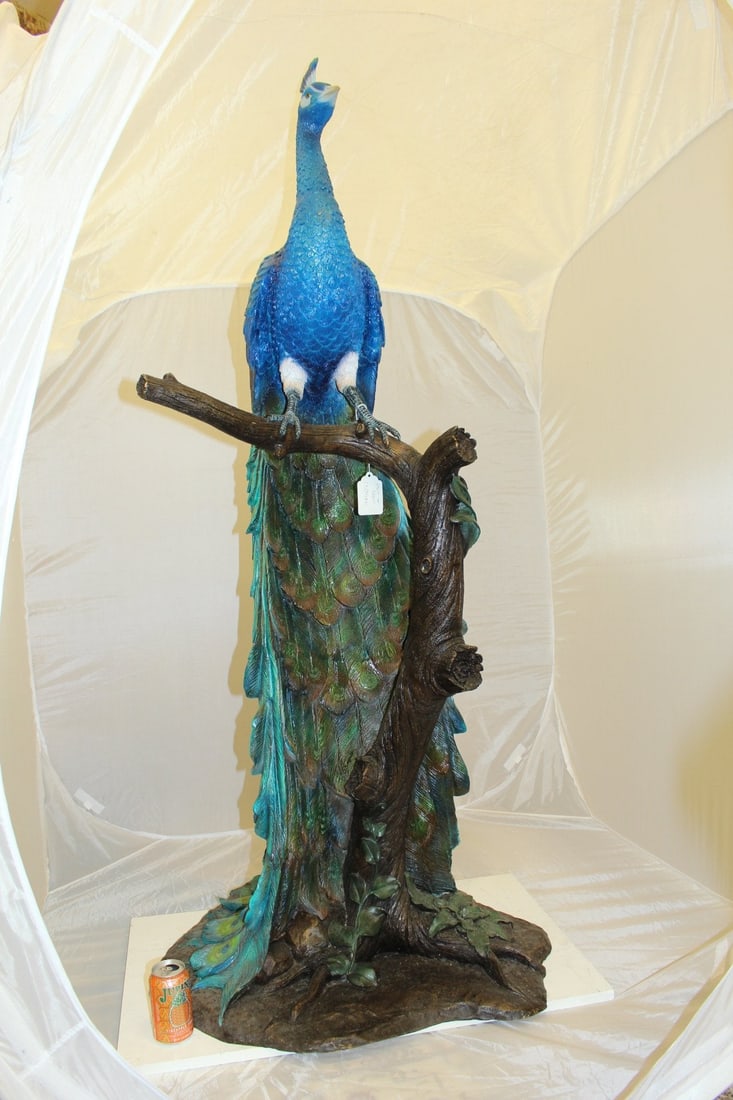 Peacock on Tree Bronze Statue - Size: 31"L x 30"W x 64"H. - 5