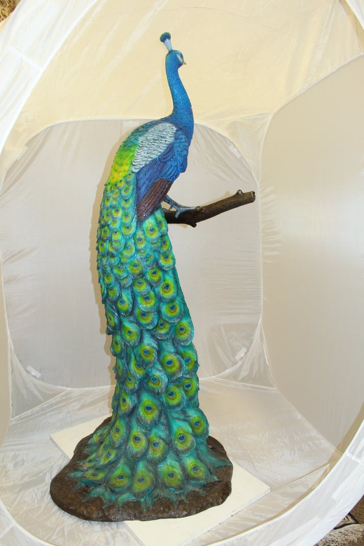 Peacock on Tree Bronze Statue - Size: 31"L x 30"W x 64"H. - 9