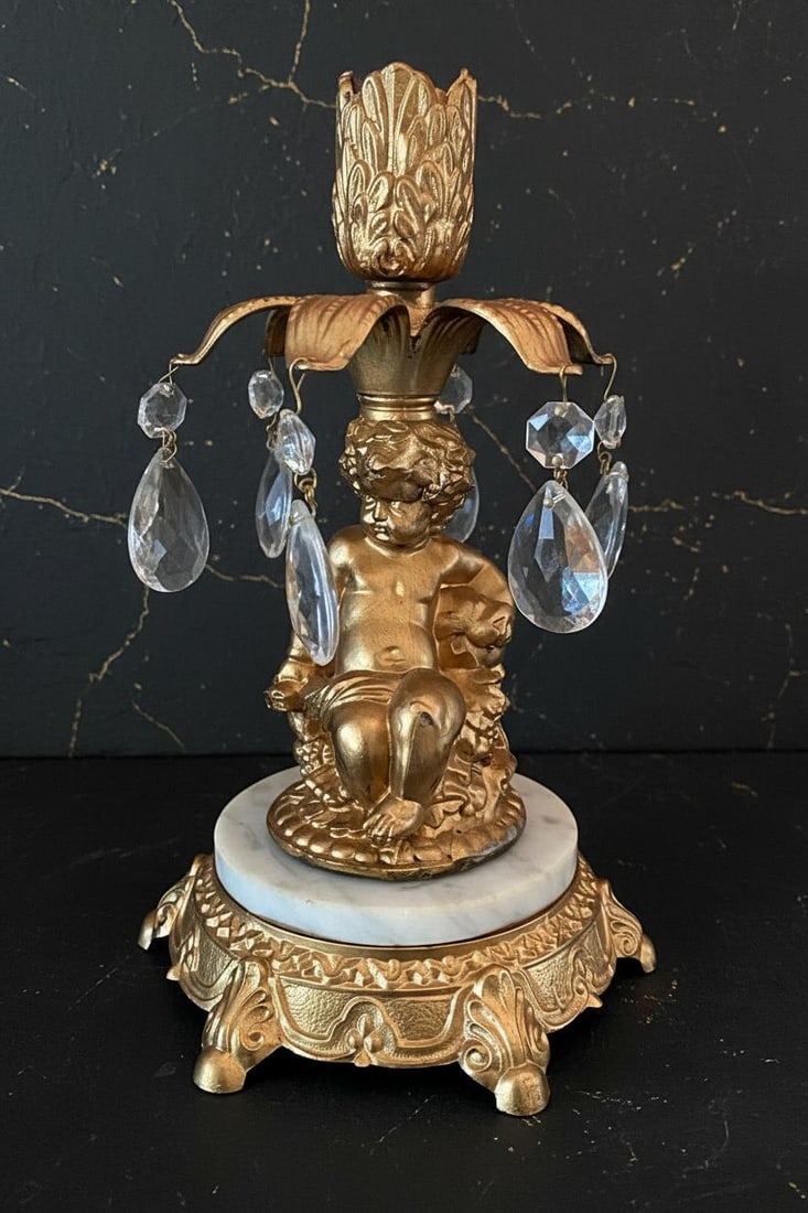 Hollywood Regency Cherub 3 Piece Set L&L WMC Gold Crystal Pedestal Bowl & Candle Holders - 6