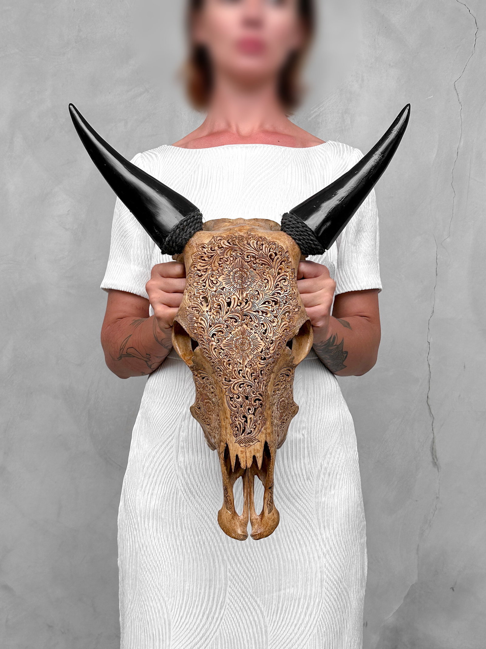 Brown cow skull - Traditional Balinese motif: Title: Brown cow skull - Traditional Balinese motif Maker:Unknown Origin: Indonesia Date/Period:2026 Materials:Bos Taurus, bone, horn Dimensions:Height: 54 cm / 21.2 inches. Length: 43 cm / 16.9