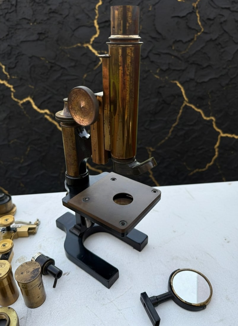 Antique Brass Compound Microscope in Wooden Case - Vintage Scientific Parts - 10
