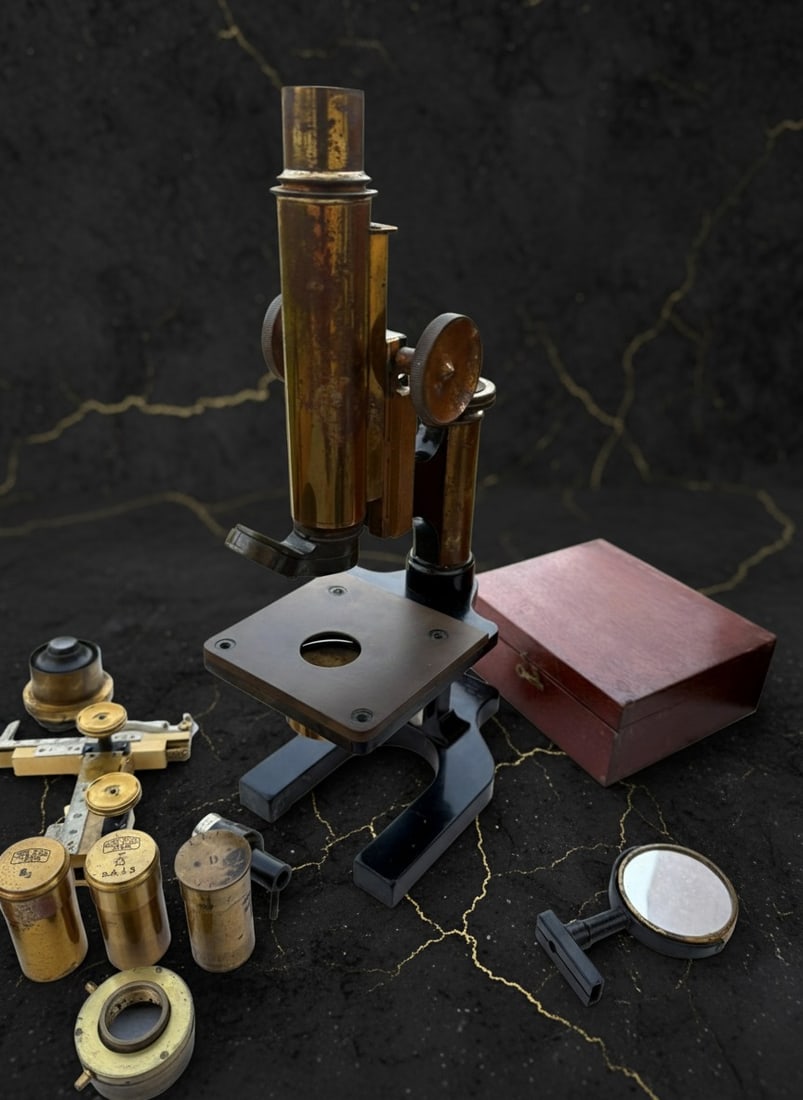 Antique Brass Compound Microscope in Wooden Case - Vintage Scientific Parts - 11