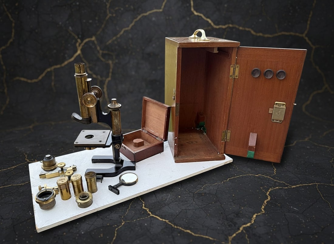 Antique Brass Compound Microscope in Wooden Case - Vintage Scientific Parts (1 of 11)