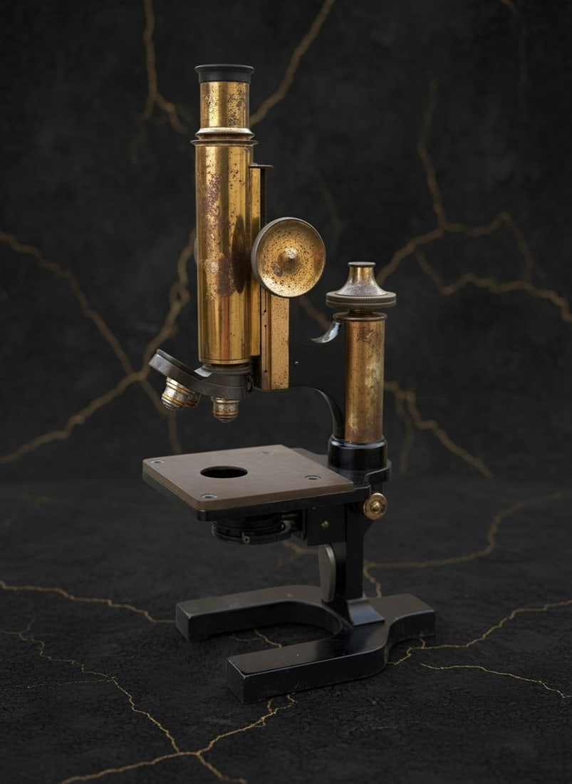 Antique Brass Compound Microscope in Wooden Case - Vintage Scientific Parts - 6