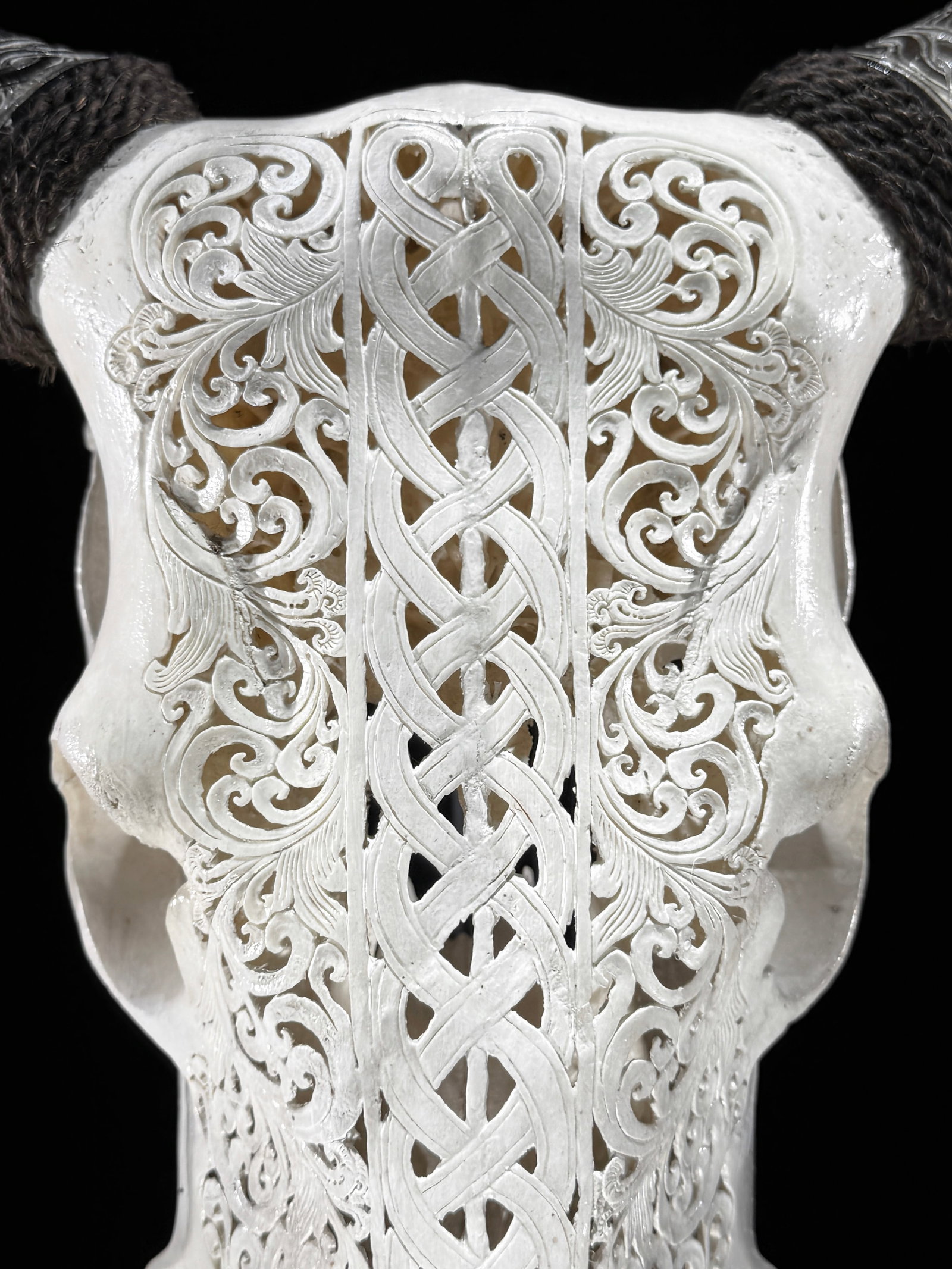 Carved Cow Skull with carved horns - Infinity Motif - 2