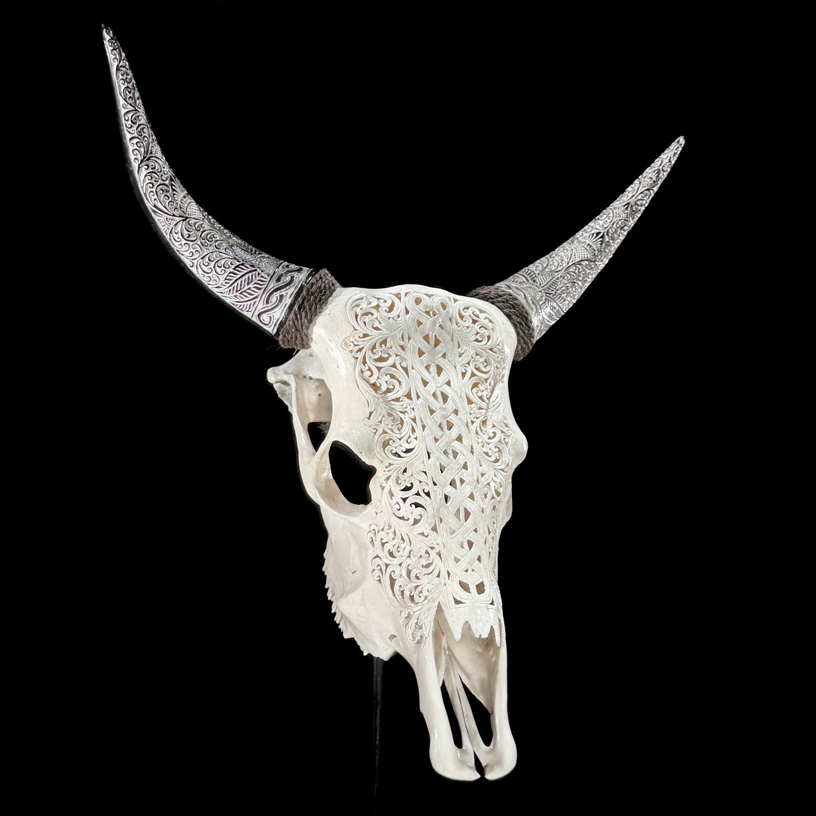 Carved Cow Skull with carved horns - Infinity Motif - 4