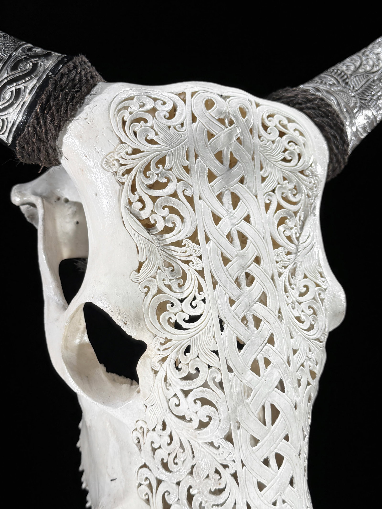 Carved Cow Skull with carved horns - Infinity Motif - 5