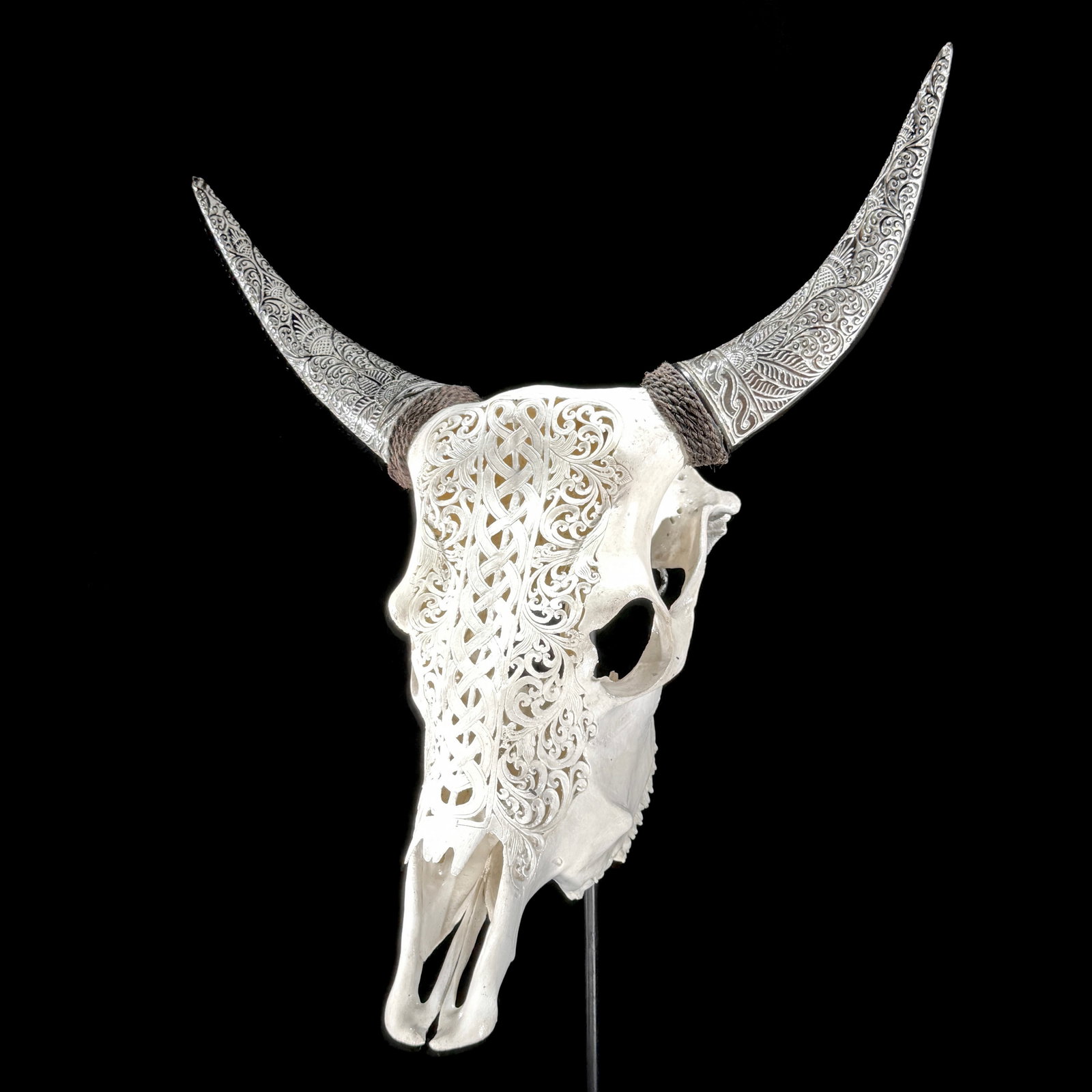 Carved Cow Skull with carved horns - Infinity Motif - 7