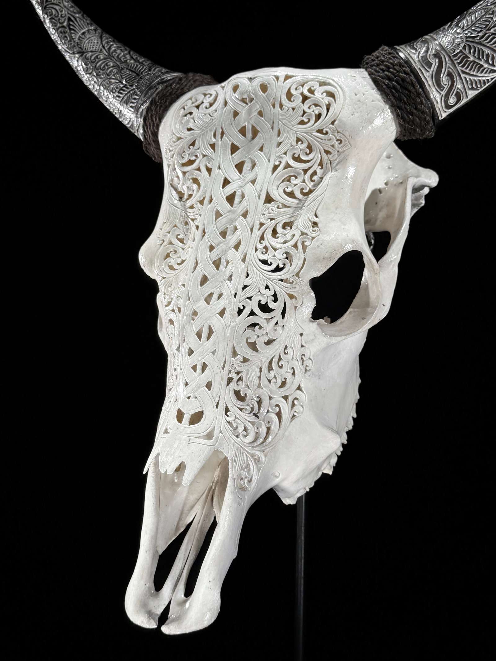 Carved Cow Skull with carved horns - Infinity Motif - 8