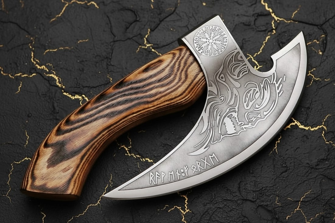 Hand Forged Steel Pizza Axe Ulu Knife Wooden Handle with Leather Sheath (1 of 8)