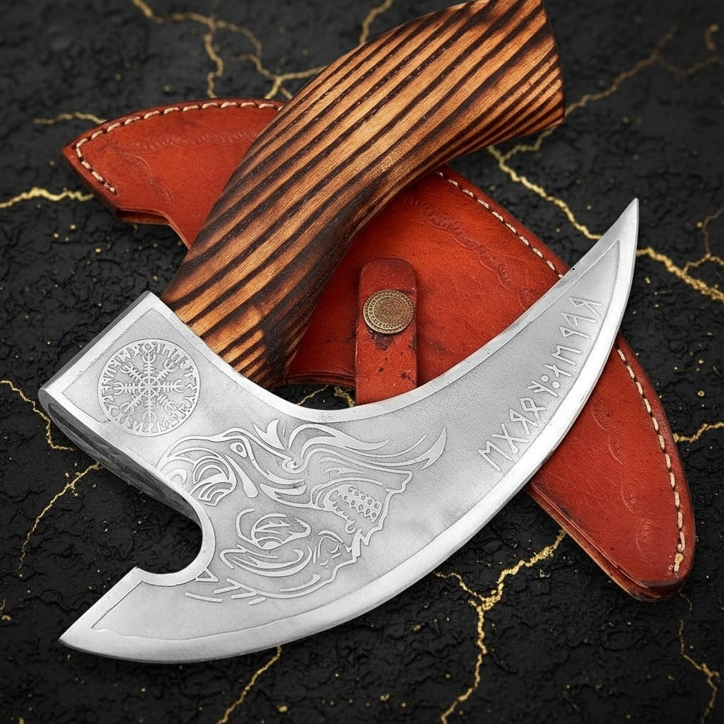 Hand Forged Steel Pizza Axe Ulu Knife Wooden Handle with Leather Sheath - 3