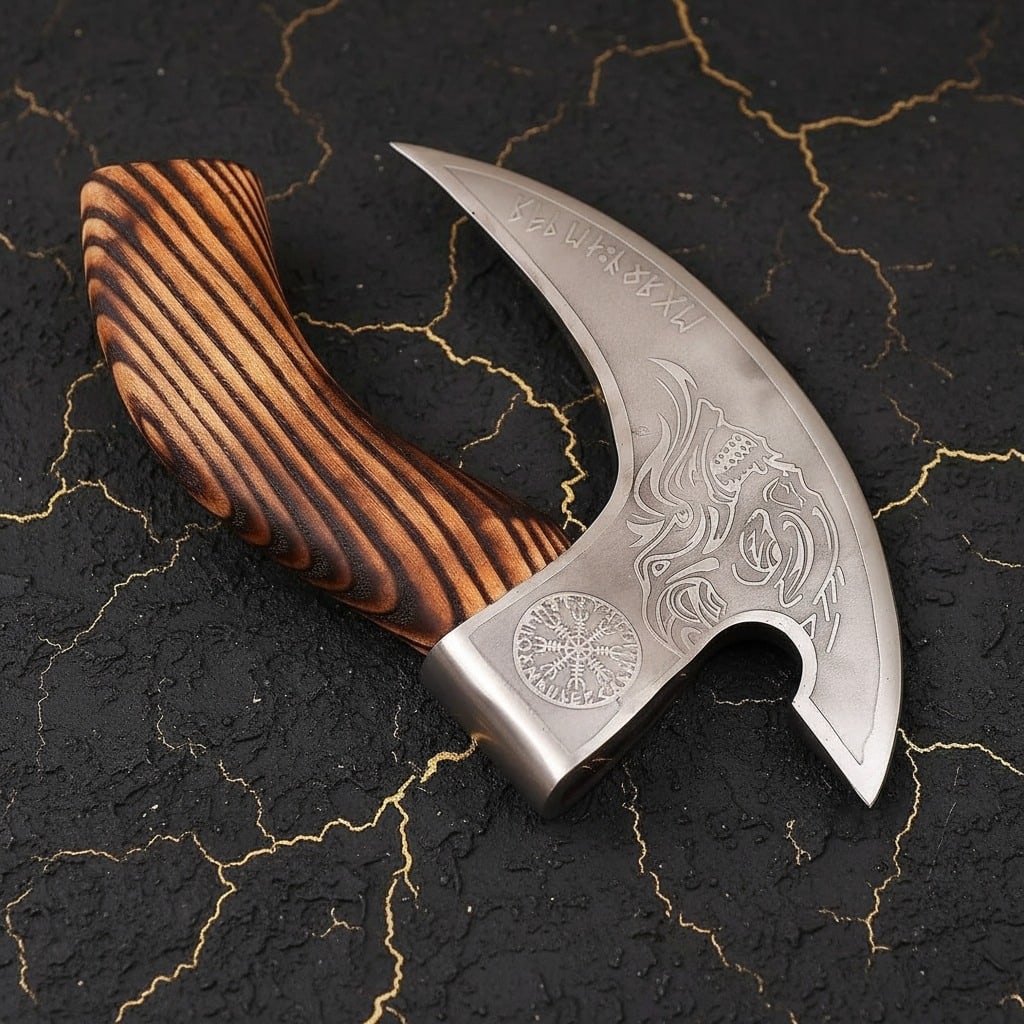 Hand Forged Steel Pizza Axe Ulu Knife Wooden Handle with Leather Sheath - 4