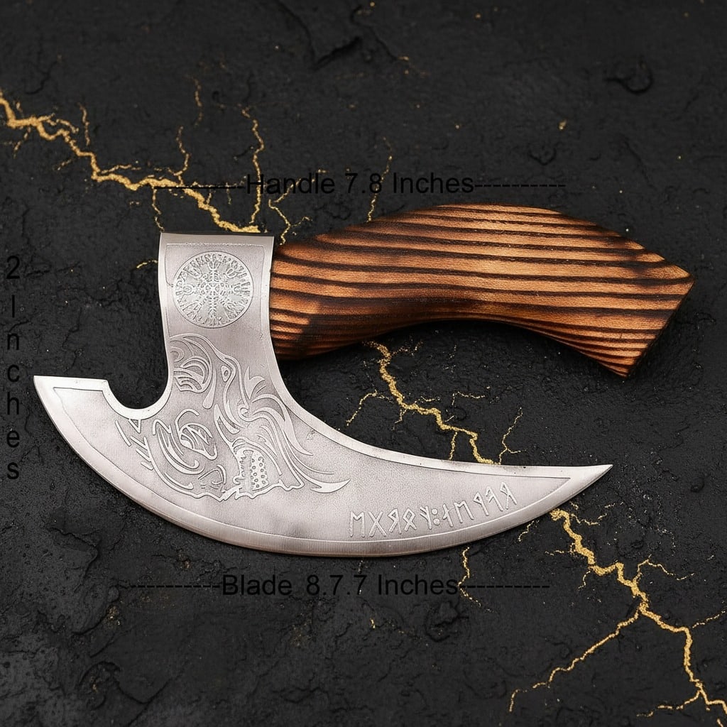 Hand Forged Steel Pizza Axe Ulu Knife Wooden Handle with Leather Sheath - 5