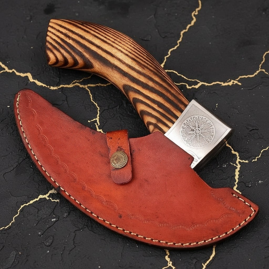 Hand Forged Steel Pizza Axe Ulu Knife Wooden Handle with Leather Sheath - 6