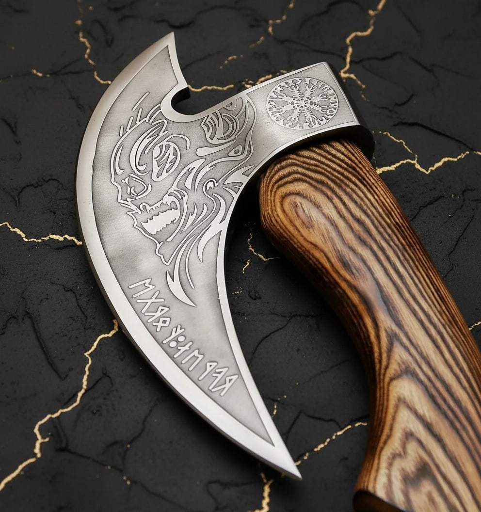 Hand Forged Steel Pizza Axe Ulu Knife Wooden Handle with Leather Sheath - 8