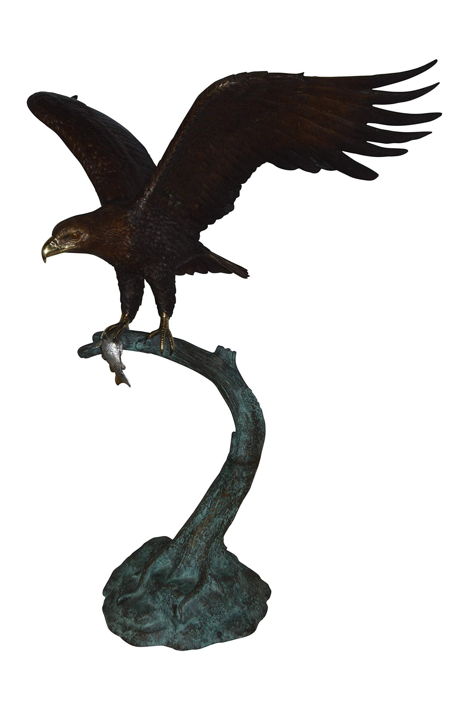 Eagle on a Tree Branch Bronze Statue - Size: 44"L x 50"W x 65"H.: Title:Eagle on a Tree Branch Bronze Statue - Size: 44"L x 50"W x 65"H. Description:Sculpted beautifully, a large statue of an eagle standing on a tree proudly holding its prey. The eagle head captures