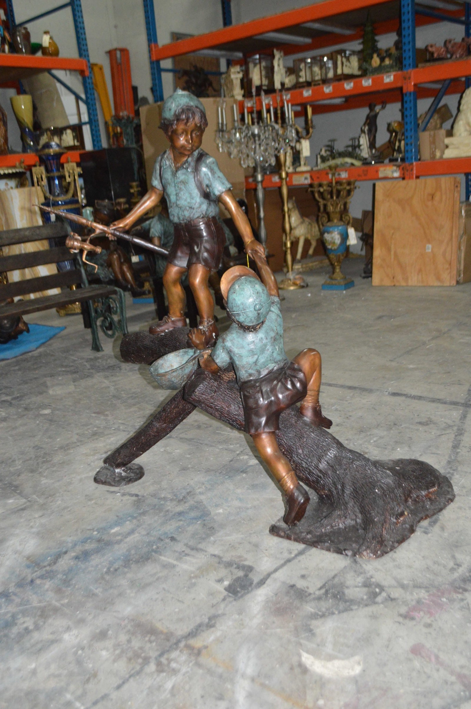 Two Boys Fishing on Tree Log Bronze Fountain - Size: 53"L x 25"W x 47"H. - 10