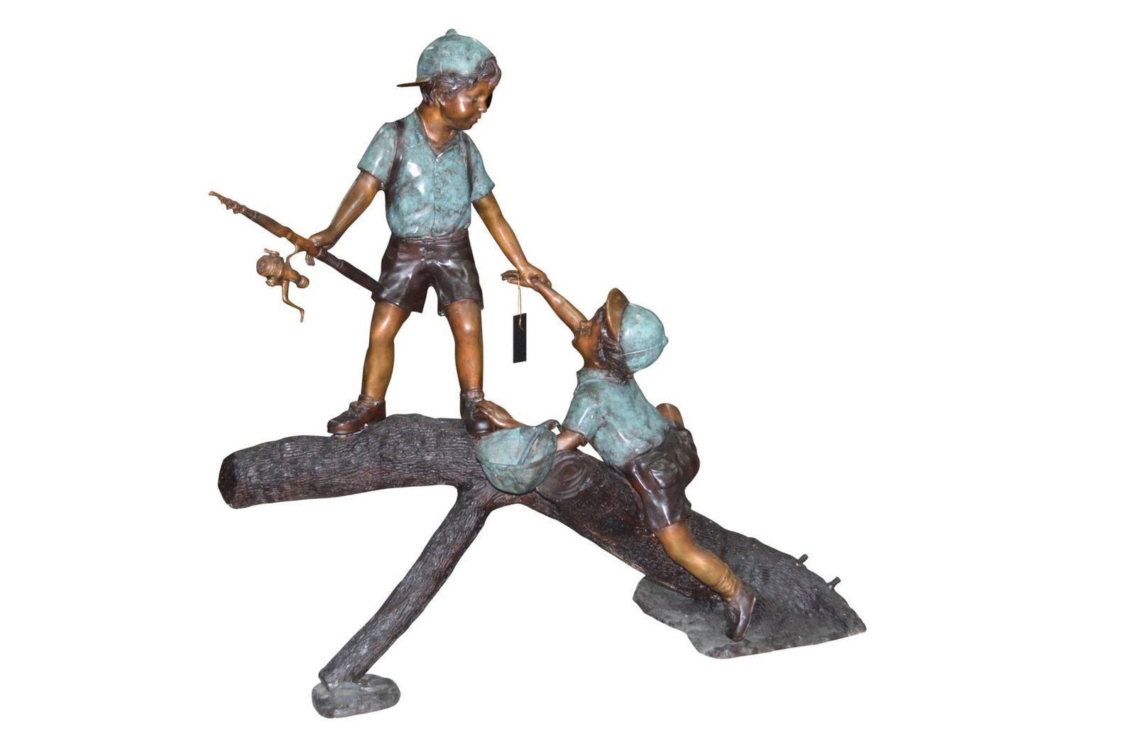 Two Boys Fishing on Tree Log Bronze Fountain - Size: 53"L x 25"W x 47"H. - 12