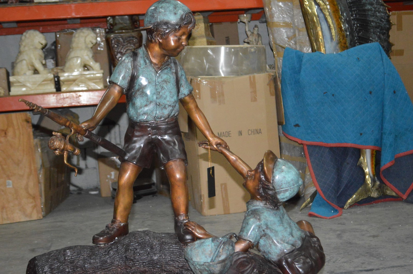 Two Boys Fishing on Tree Log Bronze Fountain - Size: 53"L x 25"W x 47"H. (1 of 12)