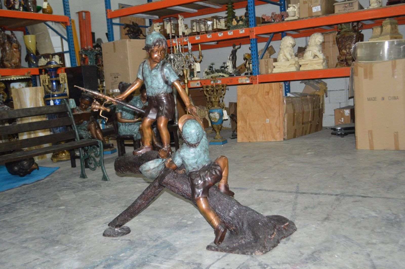 Two Boys Fishing on Tree Log Bronze Fountain - Size: 53"L x 25"W x 47"H. - 3