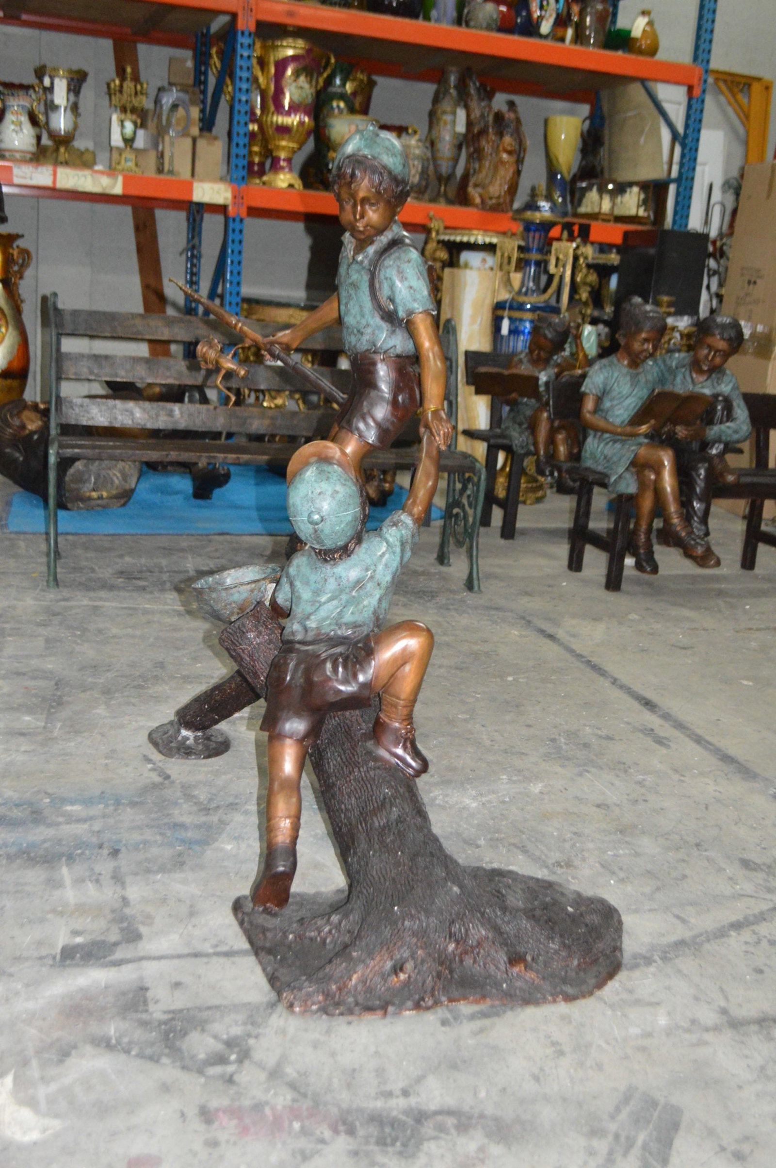 Two Boys Fishing on Tree Log Bronze Fountain - Size: 53"L x 25"W x 47"H. - 4