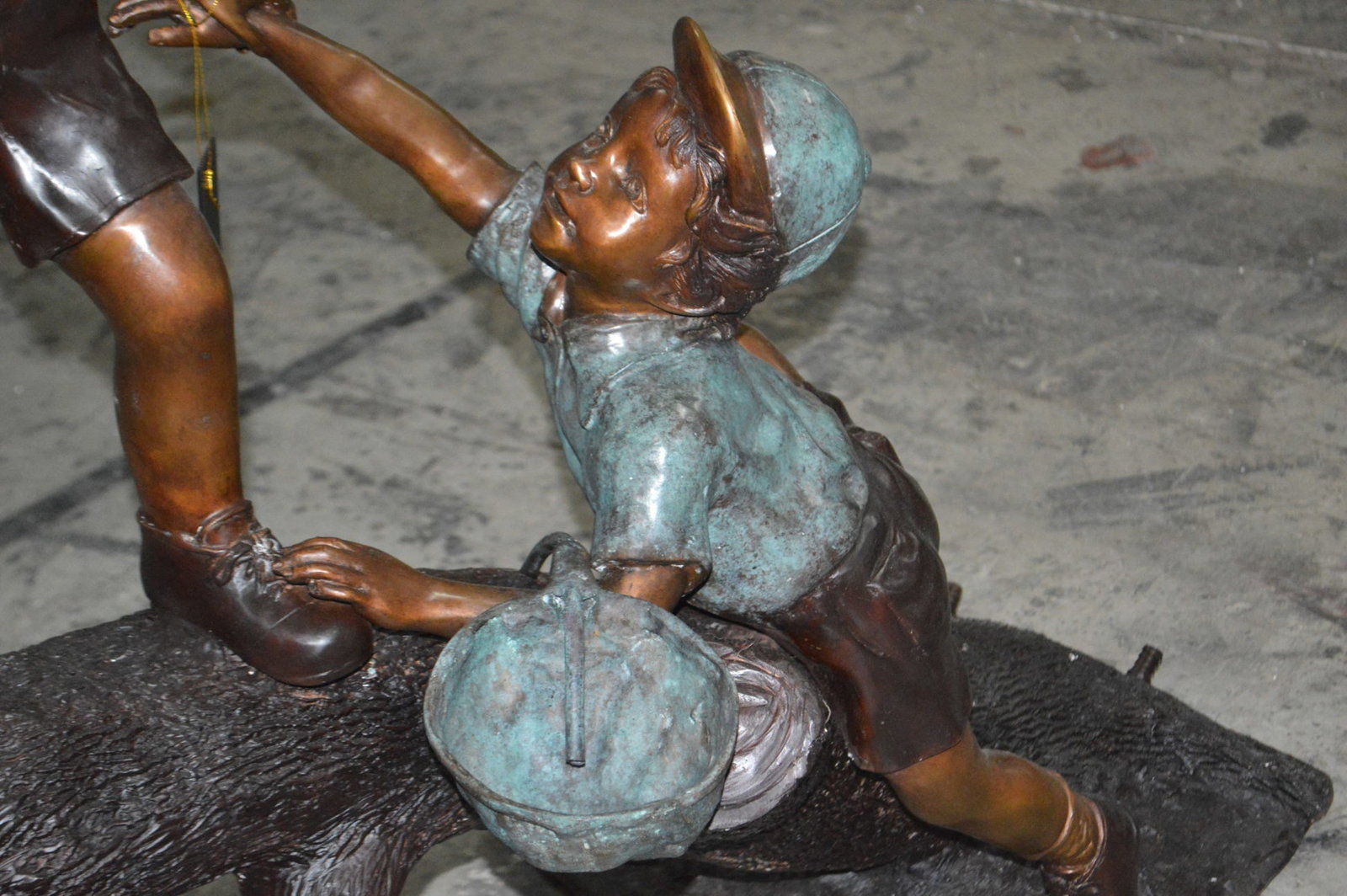 Two Boys Fishing on Tree Log Bronze Fountain - Size: 53"L x 25"W x 47"H. - 6