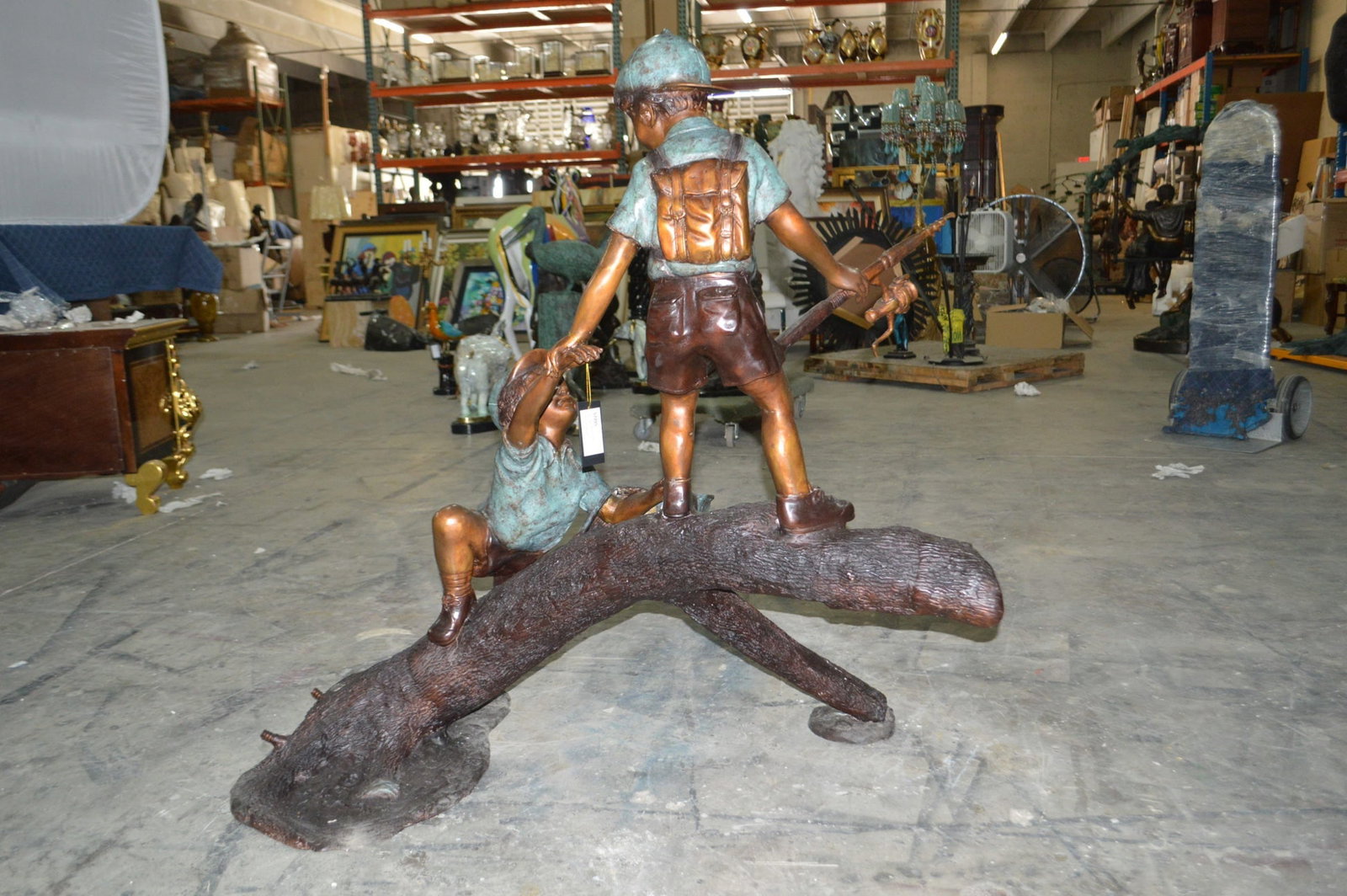 Two Boys Fishing on Tree Log Bronze Fountain - Size: 53"L x 25"W x 47"H. - 8